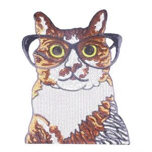 Large Sequin Geeky Orange Cat Applique Sew-On 12" x 10"